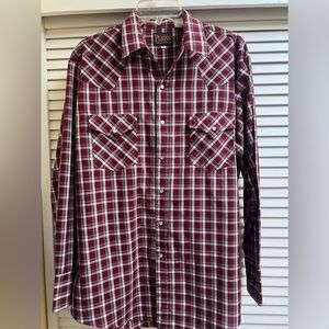 PLAINS Western Wear Pearl Snap Men’s Long Sleeved Shirt Sz L burgandy plaid top